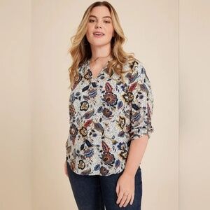 Maurices Atwood Paisley 3/4 Sleeve V-Neck Popover Blouse Size XXL White Blue